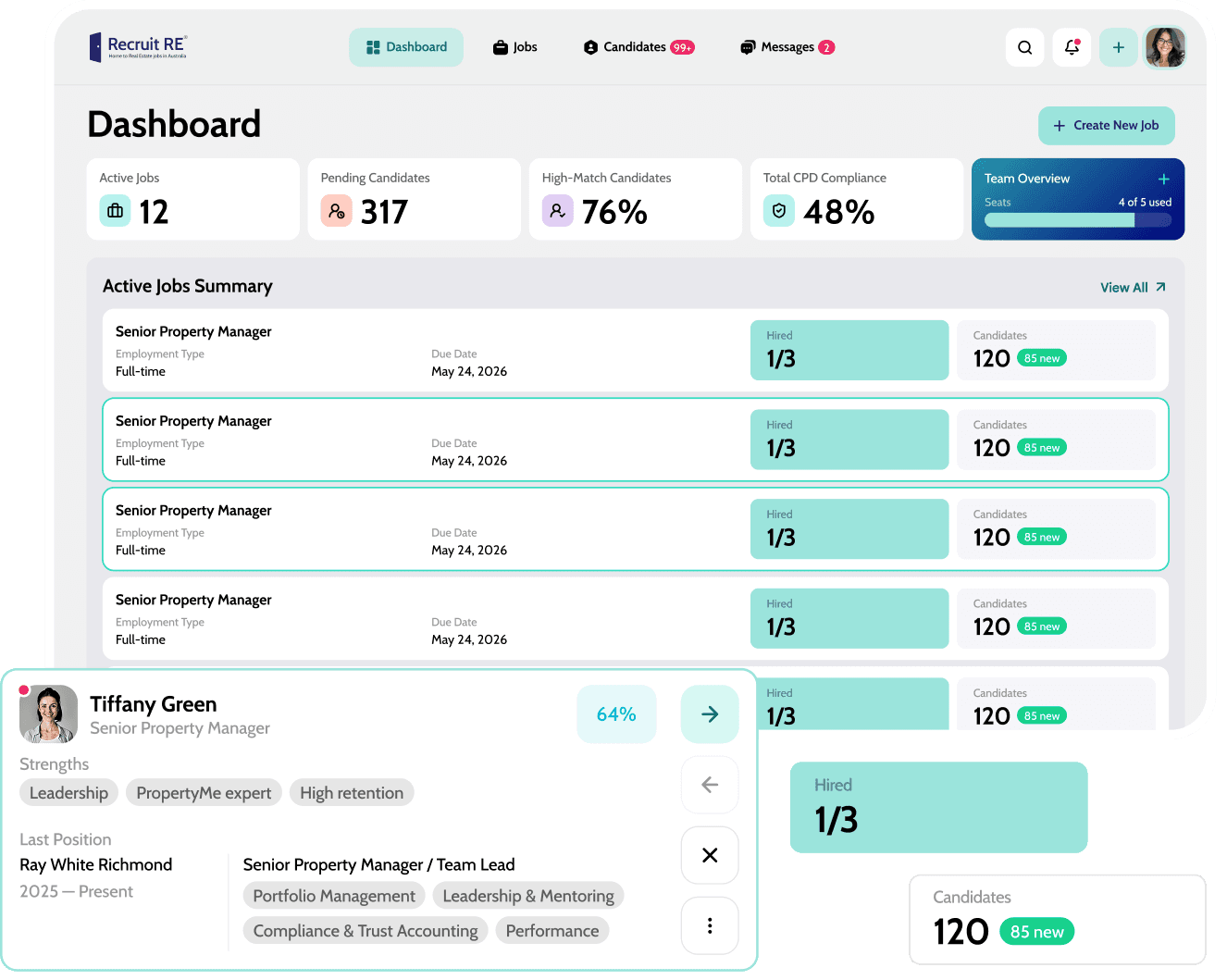 Recruit RE employer dashboard showing active jobs and candidate matches