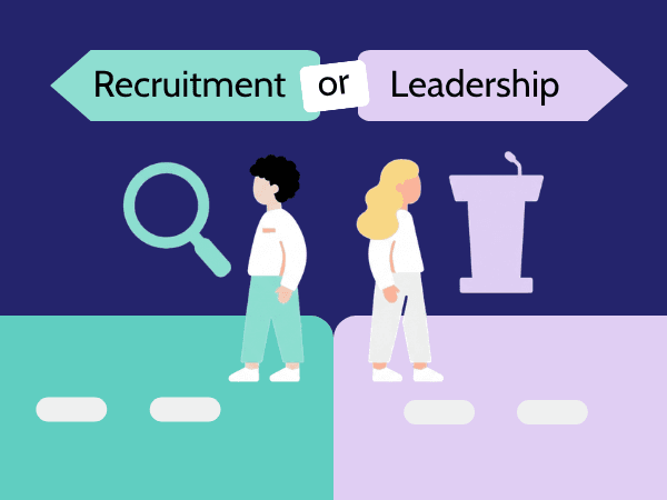 Illustration contrasting recruitment and leadership as hiring priorities